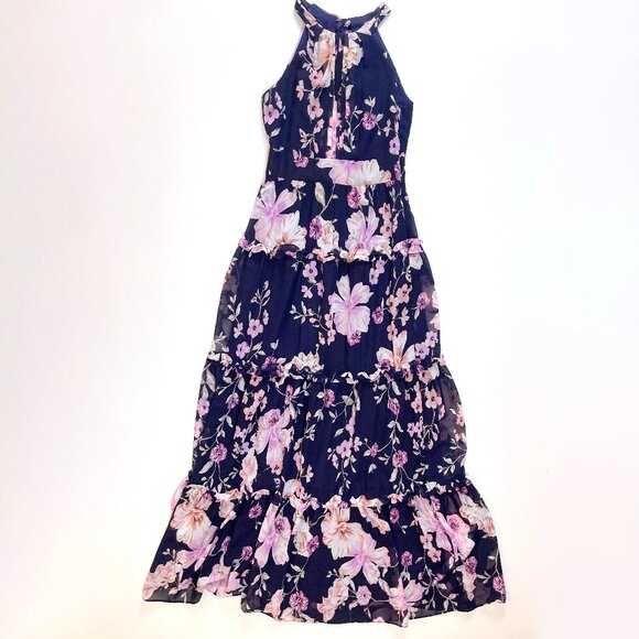 Eliza J Floral‎ Halter Ruffle Maxi Dress Navy Pink Flower Dress 2 - Picture 7 of 9